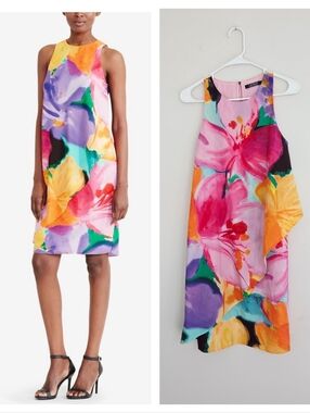 LAUREN RALPH LAUREN Womens Pink Ruffled Front Printed Sleeveless Dress Size 4